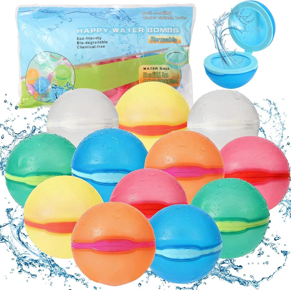 12 Packs Reusable Water Balloons for Kids, Water Quick Fill Summer Pool Beach Toys for Boys and Girls Outdoor Playing