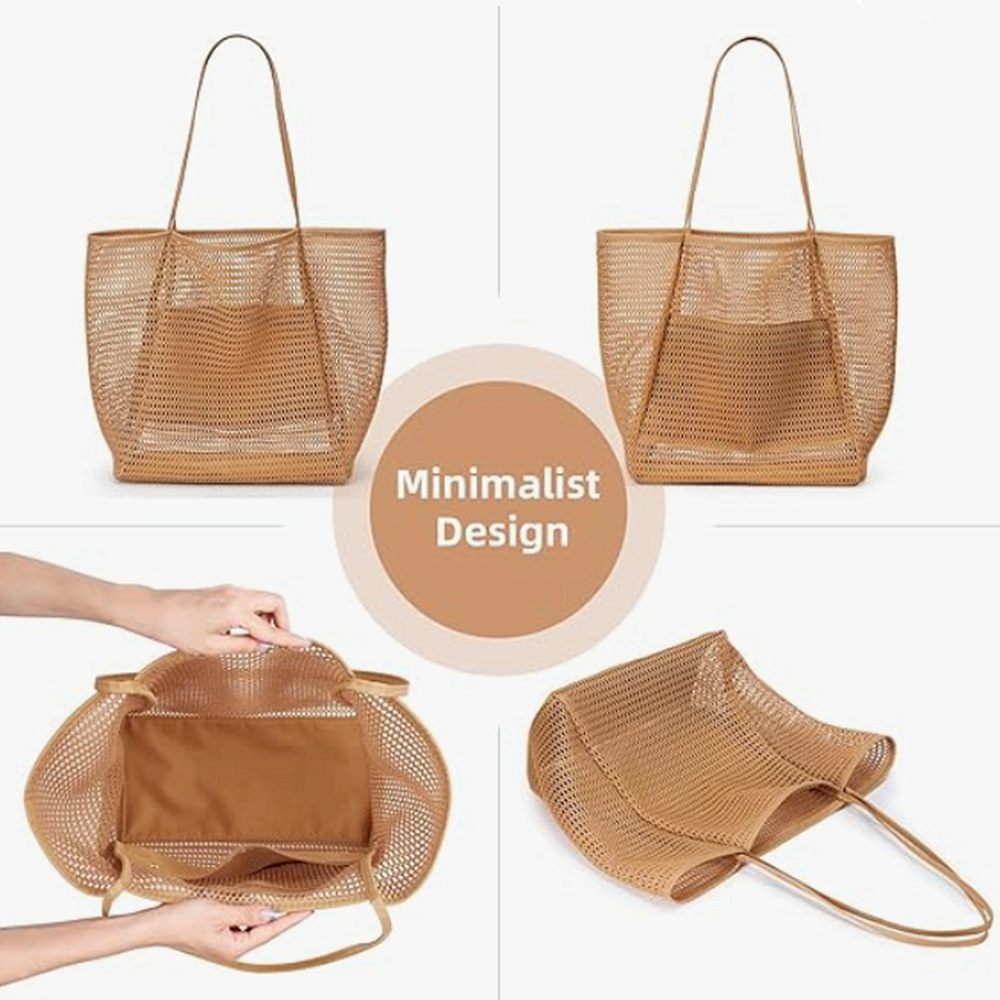 Casual Tote Beach Bag, Foldable Boho Shoulder Bag for Women, Large Capacity Mesh Bag for Shopping