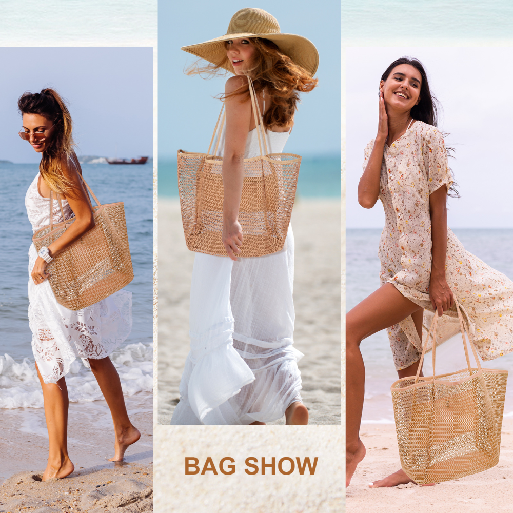Casual Tote Beach Bag, Foldable Boho Shoulder Bag for Women, Large Capacity Mesh Bag for Shopping