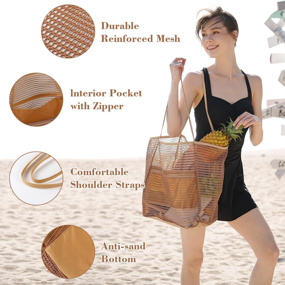 Casual Tote Beach Bag, Foldable Boho Shoulder Bag for Women, Large Capacity Mesh Bag for Shopping