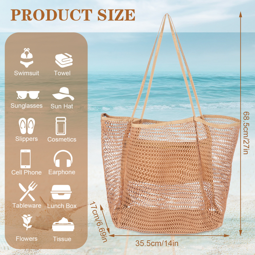 Casual Tote Beach Bag, Foldable Boho Shoulder Bag for Women, Large Capacity Mesh Bag for Shopping