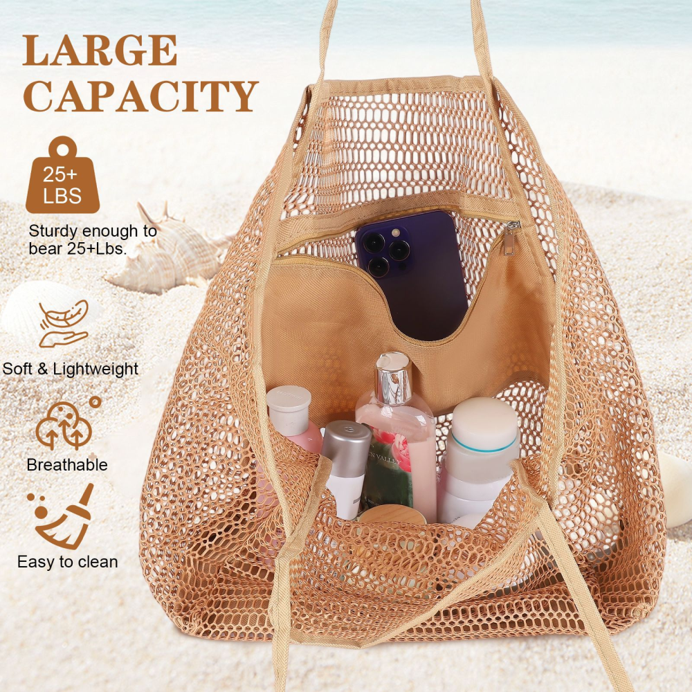 Casual Tote Beach Bag, Foldable Boho Shoulder Bag for Women, Large Capacity Mesh Bag for Shopping