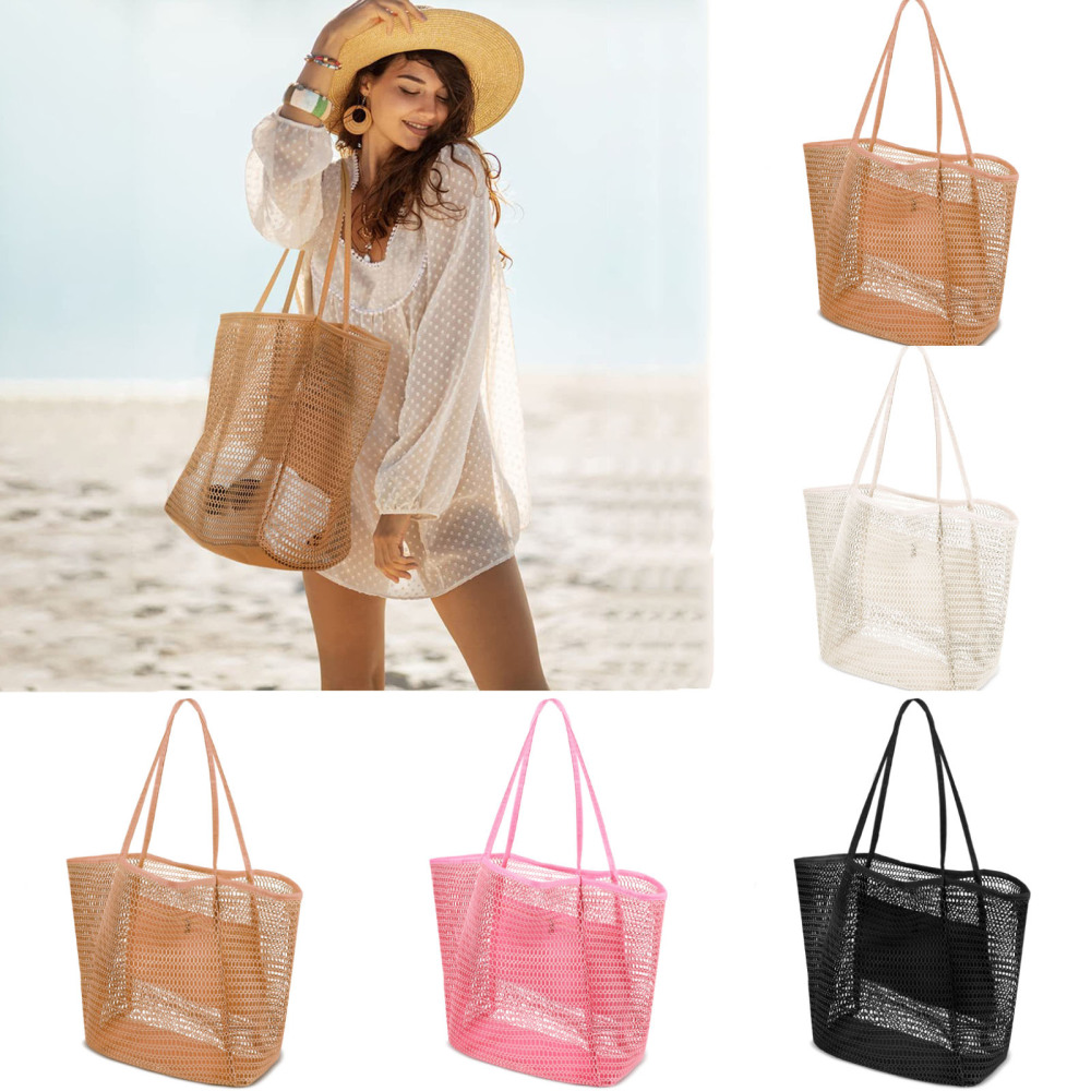 Casual Tote Beach Bag, Foldable Boho Shoulder Bag for Women, Large Capacity Mesh Bag for Shopping