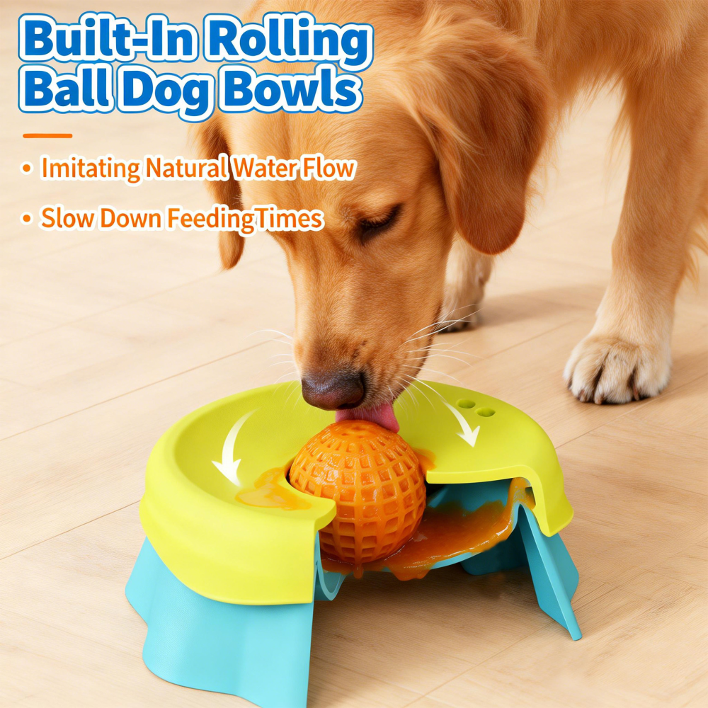 Dog Liquid Slow Feeder Bowl, Built-in Ball-Roll Yogurt Bone Broth Dog Lick Bowl, Pet Lick Toy, Choking Prevention and Dietary Supplement