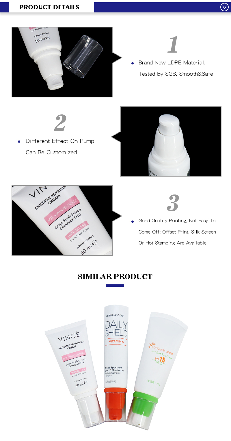 White PE Plastic Cosmetic Lotion Tube Packaging With Airless Pump