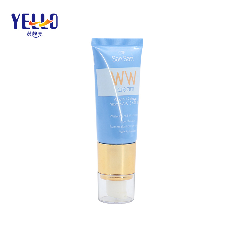 Blue Plastic Soft Squeeze Tube Packaging With Gold Airless Pump