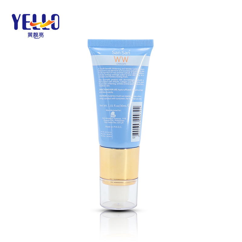 Blue Plastic Soft Squeeze Tube Packaging With Gold Airless Pump