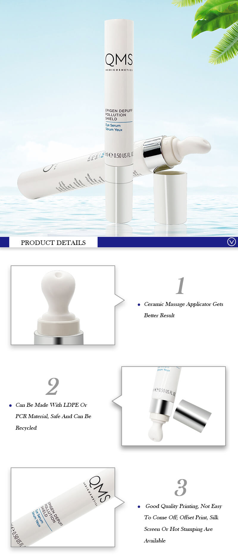 Silver Top Cosmetic Squeeze Eye Cream Tubes With Ceramic Applicator