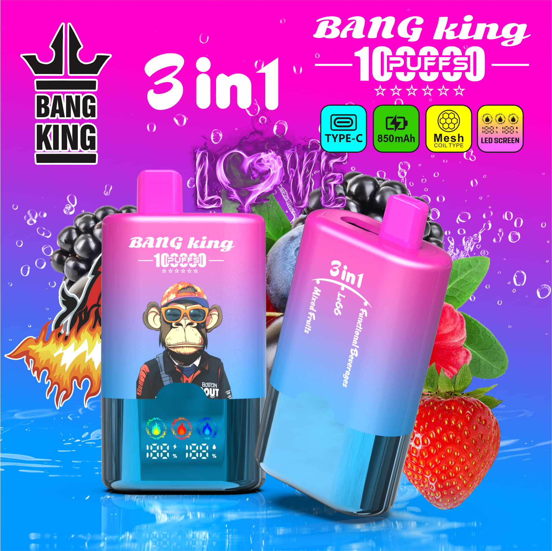 Bang King 100000 Puffs 3-in-1 Triple Flavor Disposable Vape | LED