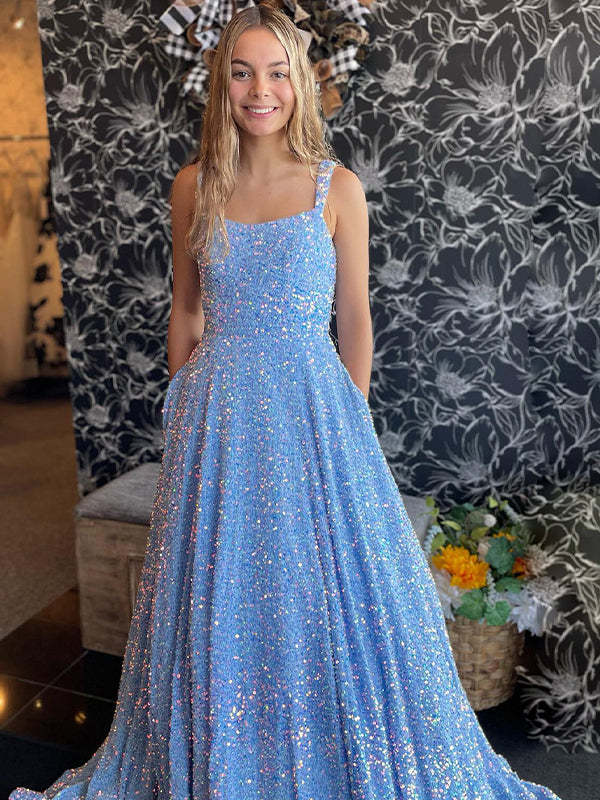Sparkly Blue A-Line Square Neck Spaghetti Straps Long Prom Wedding Guest Dress