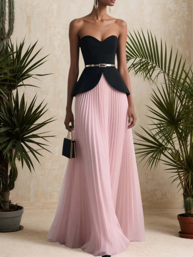 Two Piece Wedding Dress for Women, Pink Pleated Strapless Sleeveless Formal Bridal Outfit Crop Top with Skirt Set