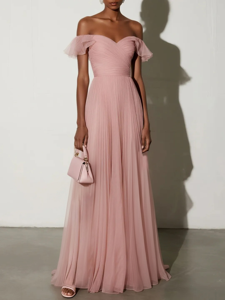 Pink Off The Shoulder Short Sleeve A-Line Wedding Dress - Ruffled Pleated Tulle Bridal Formal Gown