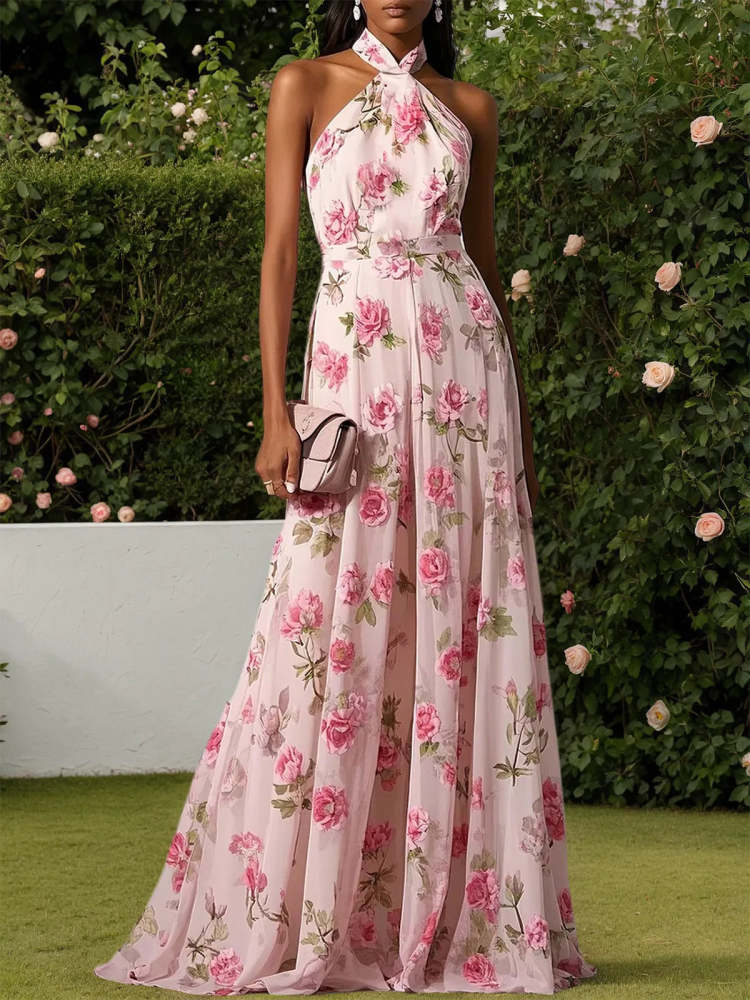 Pink Classic Floral Halter Short Sleeve A-Line Maxi Wedding Dress Bridal Gown for Bridal Shower Wedding Photoshoot Reception