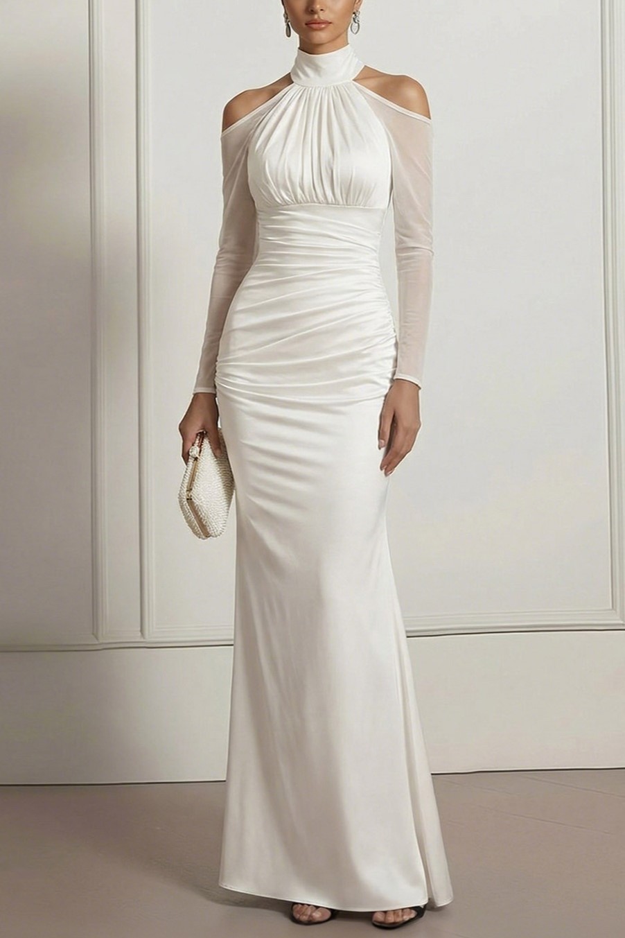White Mermaid Cold Shoulder Ruched Chiffon Maxi Formal Evening Dress for Bridal Wedding Formal Events