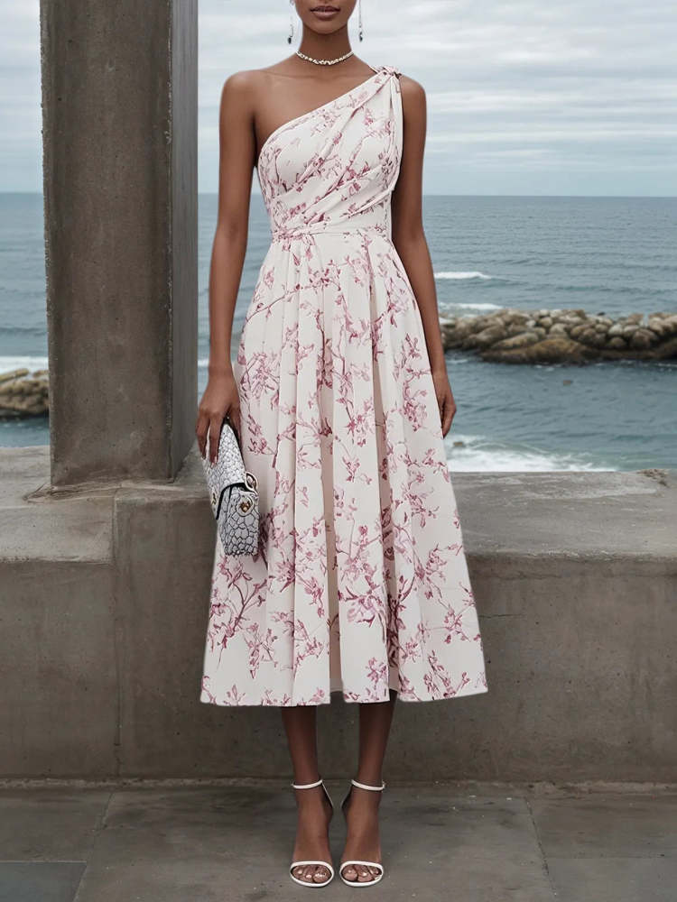 Elegant Romantic Pink Floral One Shoulder Sleeveless A-Line Midi Wedding Dress for Women