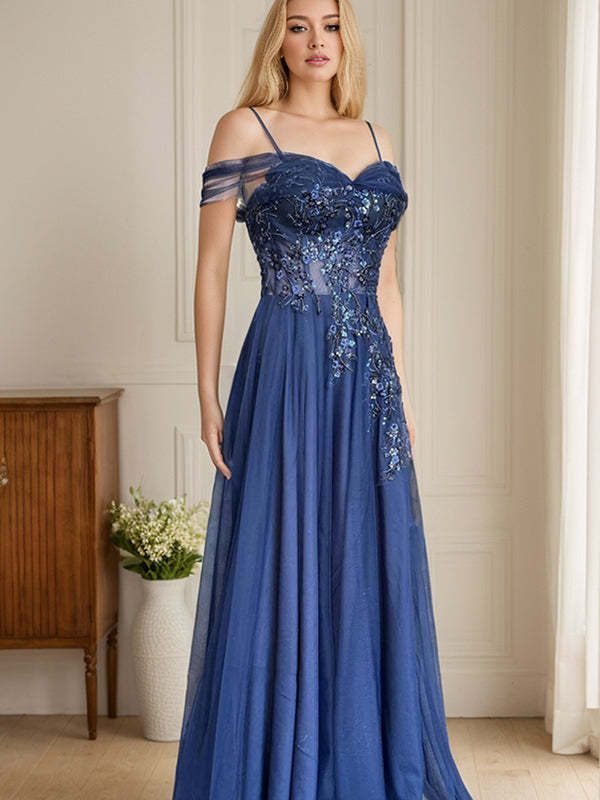 Dark Blue A-Line Spaghetti Straps Long Appliques Prom Dress
