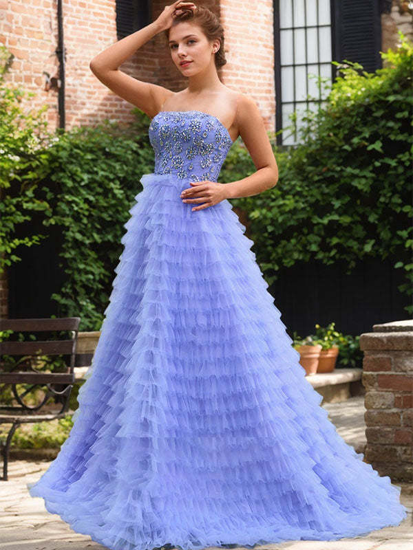 Blue A-Line Tiered Ruffled Tulle Prom Dress with Beading Rhinestones