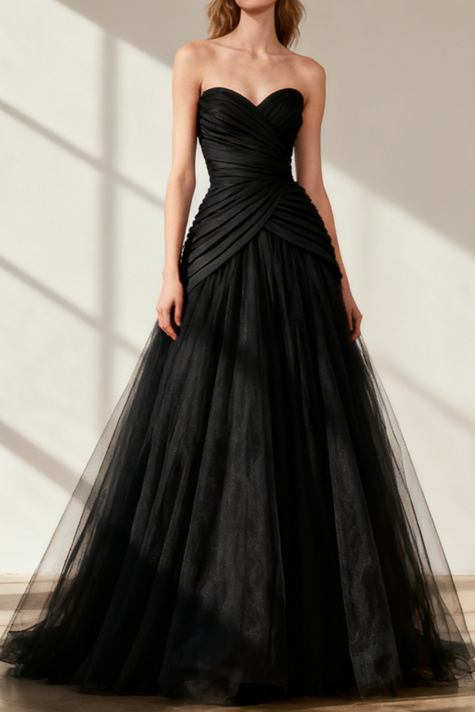 Black Prom Dress, Sweetheart Neckline Tulle Ball Gown Maxi Dress for Formal Evening Prom Party