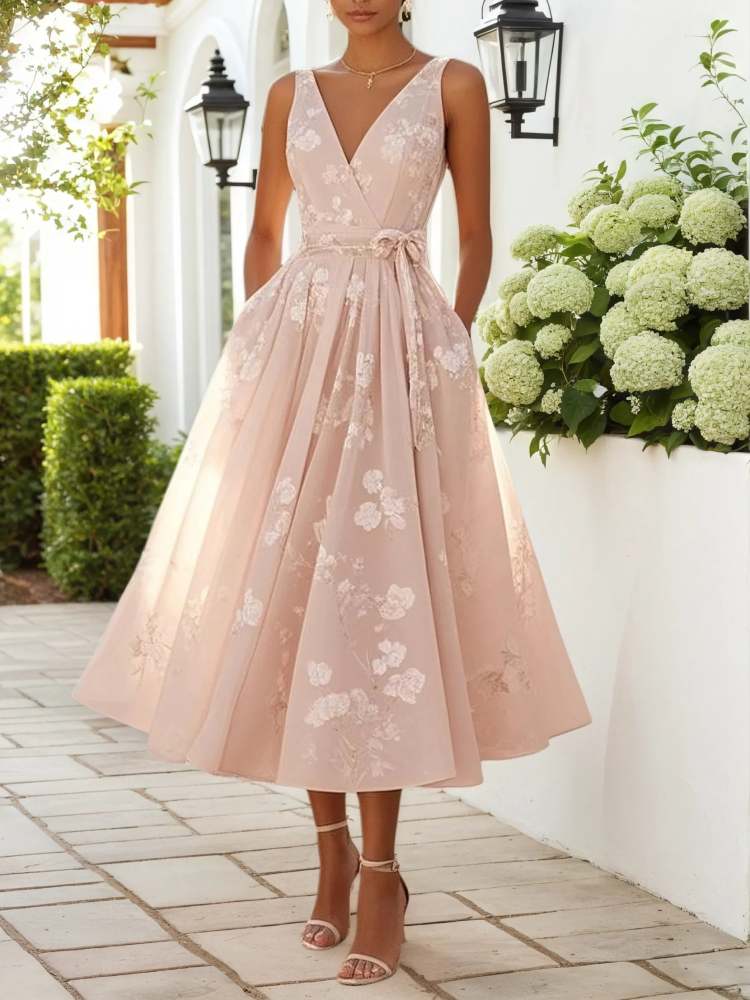 Light Pink Embroidered V Neck Sleeveless A-Line Midi Wedding Dress, Bridal Shower Engagement Rehearsal Dinner Party Bridal Gown