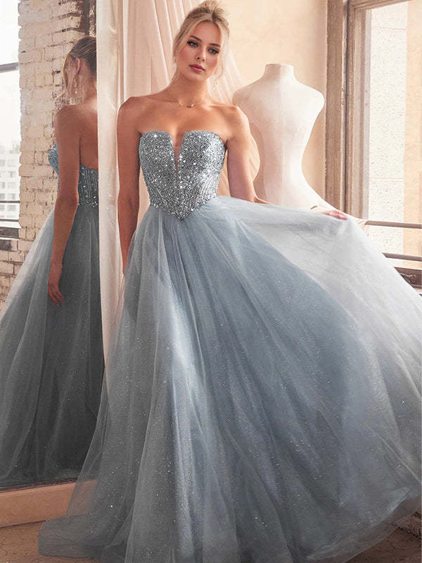 Blue A-Line Sweetheart Sequin Long Prom Wedding Guest Dress