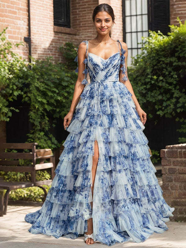 Blue Floral A Line V Neck Long Pleated Slit Prom Wedding Guest Dress