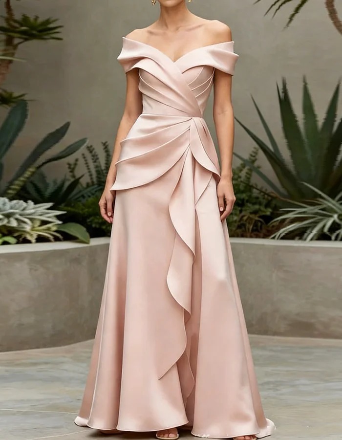 Elegant Pink Off-the-Shoulder Pleated Satin Maxi Wedding Dress, Flowy Bridal Gown for Engagement Bridal Shower Photoshoot Prom Formal Event