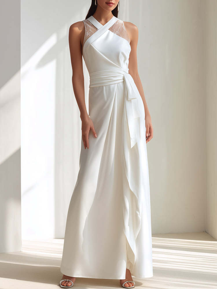 Elegant White Cross-Neck Lace Panel Wrap Maxi Wedding Dress, Floor Length Bridal Gown for Women Wedding Bridal Shower Engagement Photoshoot