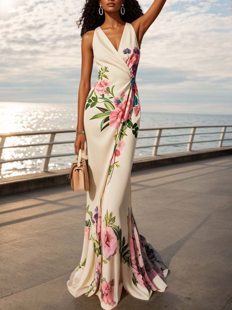 Mermaid Wedding Dress for Women Pink Cross Floral V Neck Sleeveless Formal Bridal Mermaid Gown