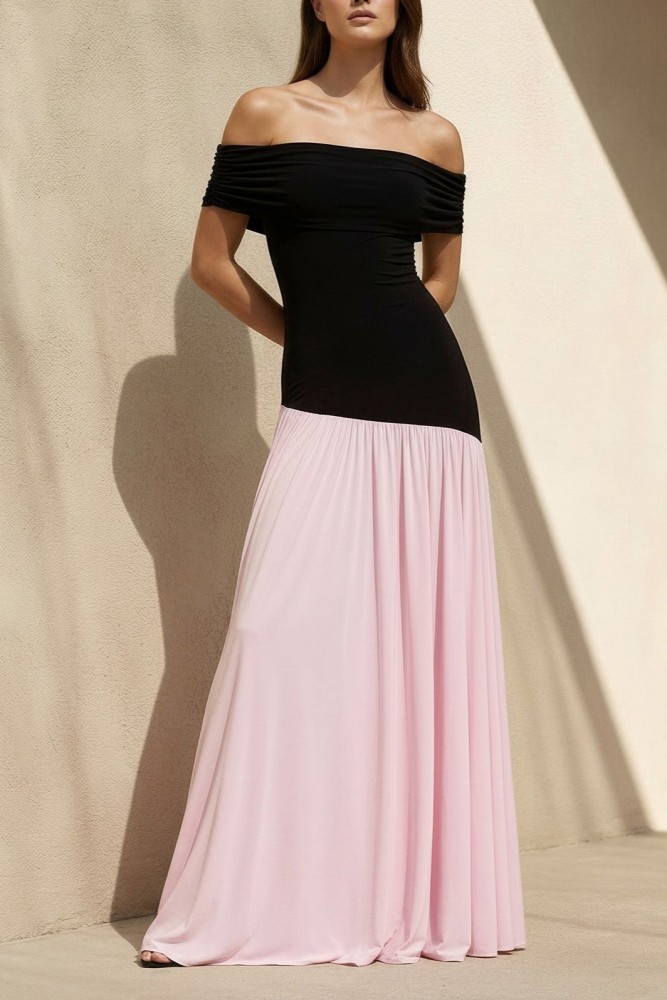 Black and Pink Off The Shoulder Pleated Maxi Wedding Dress, Romantic Bridal Gown for Wedding Engagement Photoshoot Reception Party