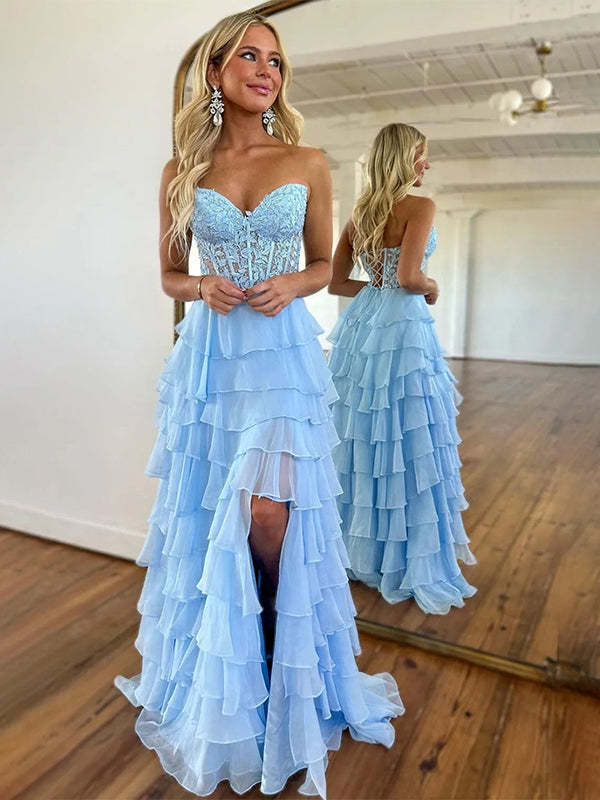 Light Blue A-Line Sweetheart Neck Long Tiered Prom Dress with Slit