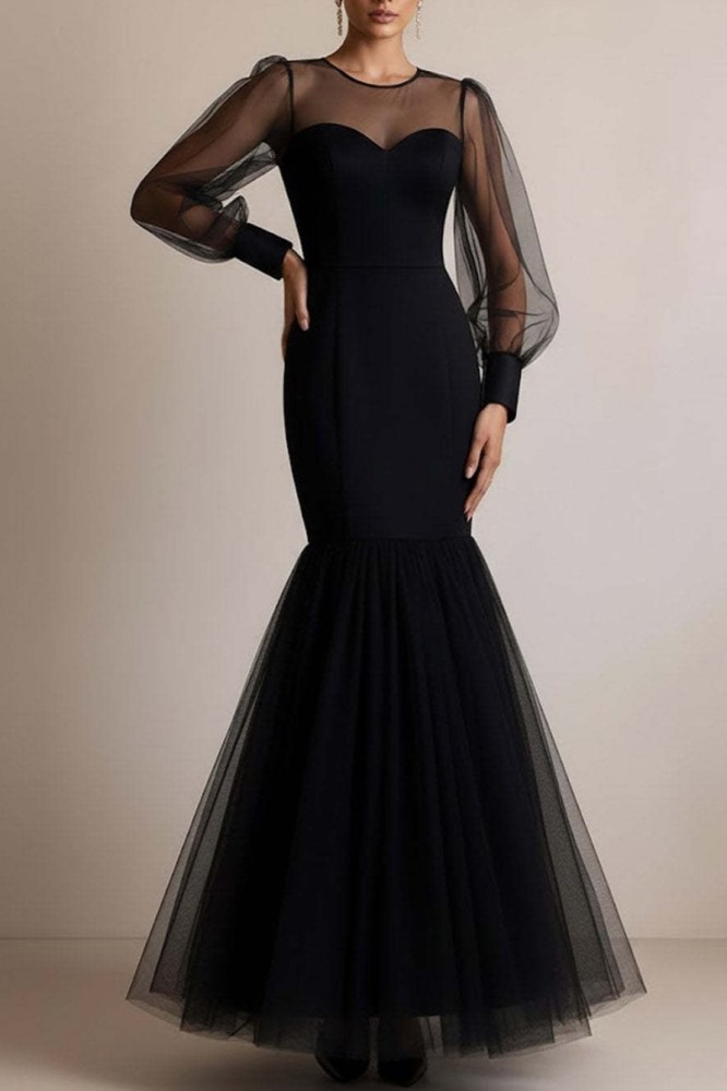Black Mermaid Wedding Dress for Women, Illusion Neck Long Sleeves Long Tulle Formal Bridal Gown for Prom Evening Wedding Formal Occasion