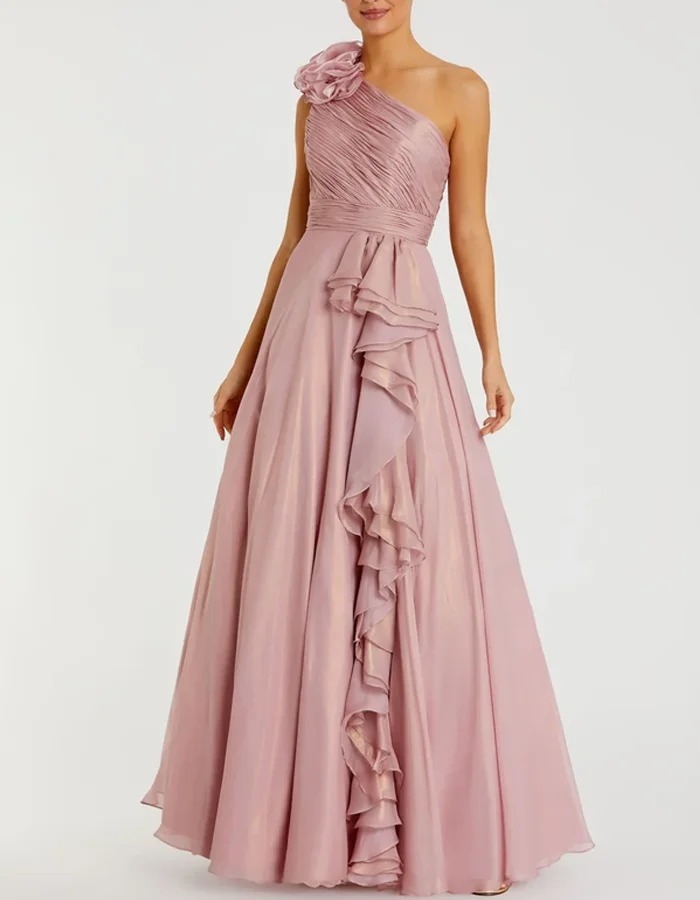 Pink 3D Floral One-Shoulder Ruched Chiffon Maxi Wedding Dress for Women, Long Flowy Bridal Gown for Beach Wedding Engagement Photoshoot Bridal Shower