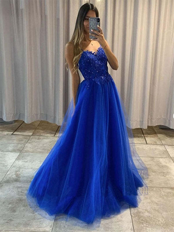Blue A-Line Spaghetti Straps Tulle Long Prom Dress with Appliques