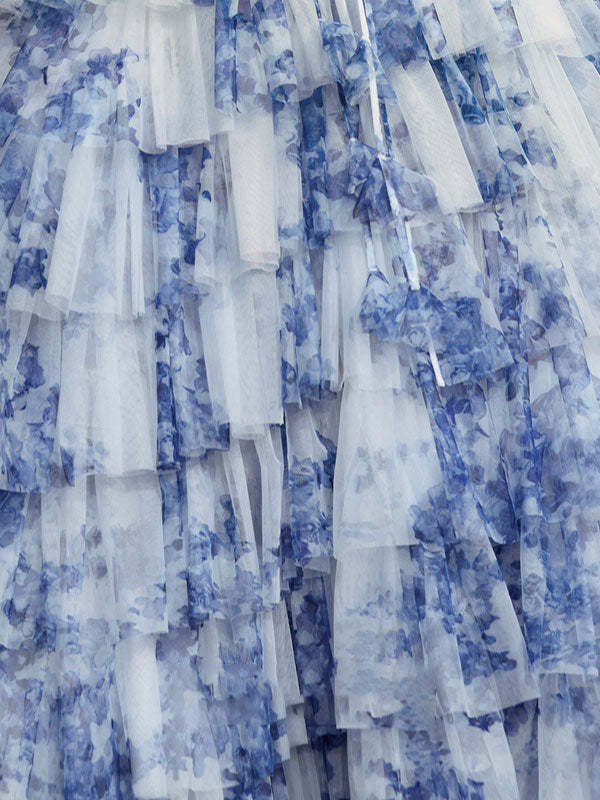 Blue Floral A Line V Neck Long Pleated Slit Prom Wedding Guest Dress