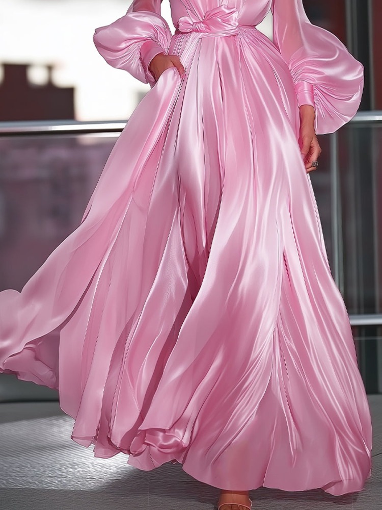 Women's Elegant Luxury Pink High-Neck Satin Maxi Wedding Dress for Bridal Shower Engagement Party Civil Wedding