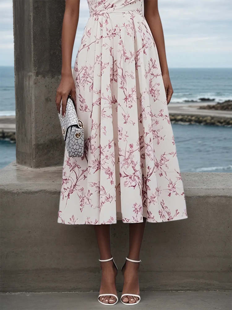 Elegant Romantic Pink Floral One Shoulder Sleeveless A-Line Midi Wedding Dress for Women