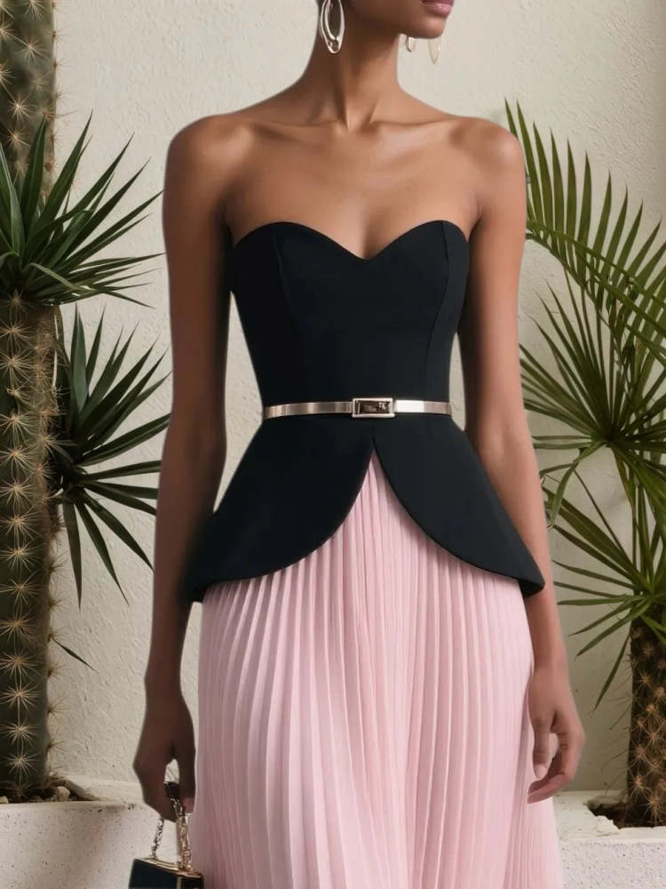 Two Piece Wedding Dress for Women, Pink Pleated Strapless Sleeveless Formal Bridal Outfit Crop Top with Skirt Set