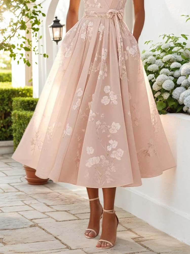 Light Pink Embroidered V Neck Sleeveless A-Line Midi Wedding Dress, Bridal Shower Engagement Rehearsal Dinner Party Bridal Gown