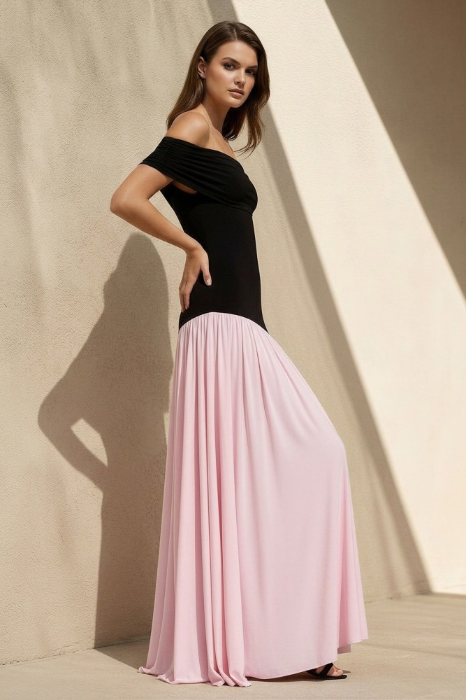 Black and Pink Off The Shoulder Pleated Maxi Wedding Dress, Romantic Bridal Gown for Wedding Engagement Photoshoot Reception Party