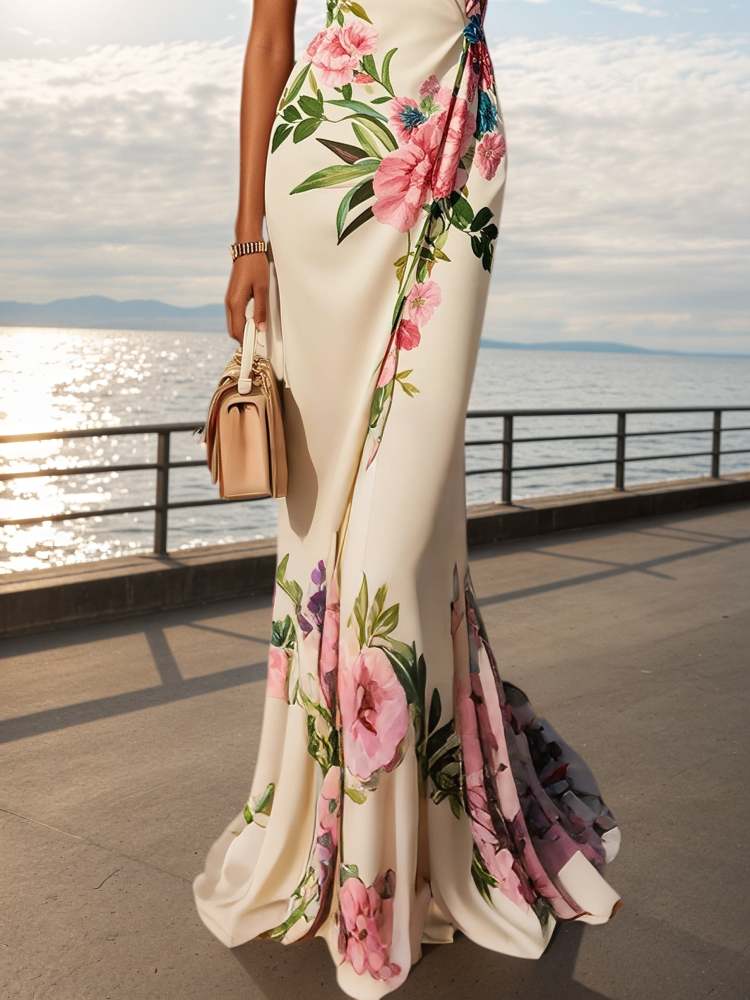 Mermaid Wedding Dress for Women Pink Cross Floral V Neck Sleeveless Formal Bridal Mermaid Gown