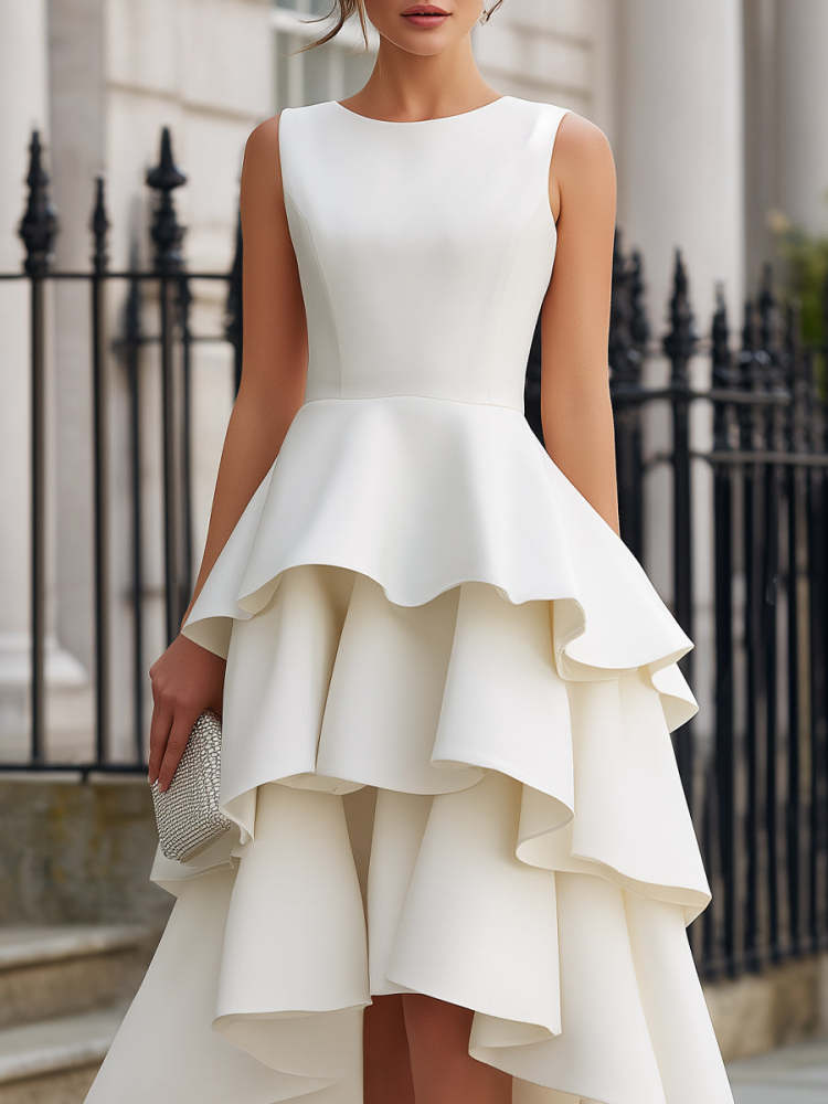 Women's White Sleeveless Tiered High-Low Peplum Wedding Dress, Flowy Bridal Gown for Beach Wedding Bridal Shower Rehearsal Dinner