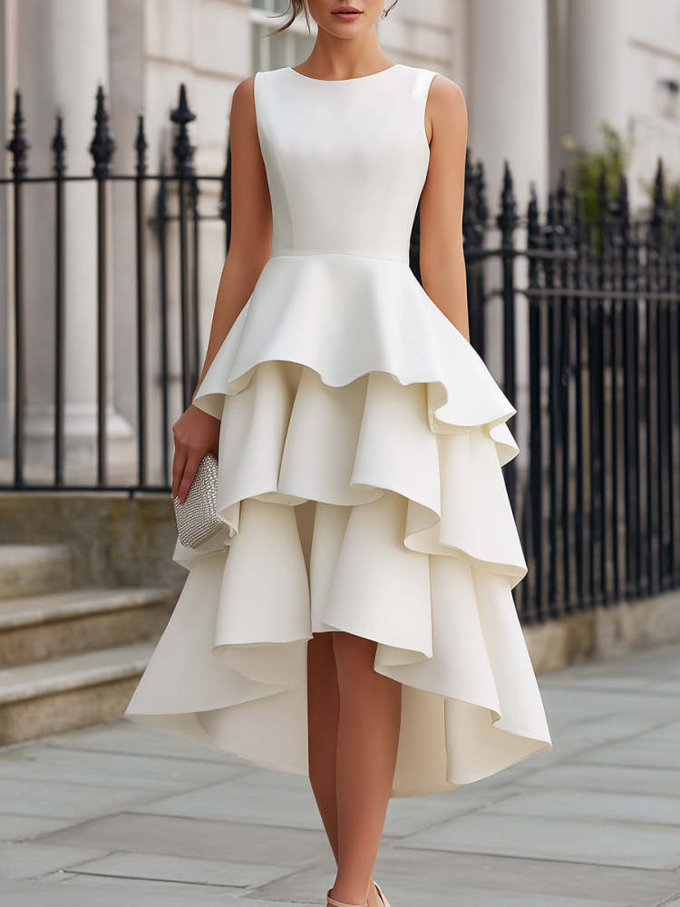 Women's White Sleeveless Tiered High-Low Peplum Wedding Dress, Flowy Bridal Gown for Beach Wedding Bridal Shower Rehearsal Dinner