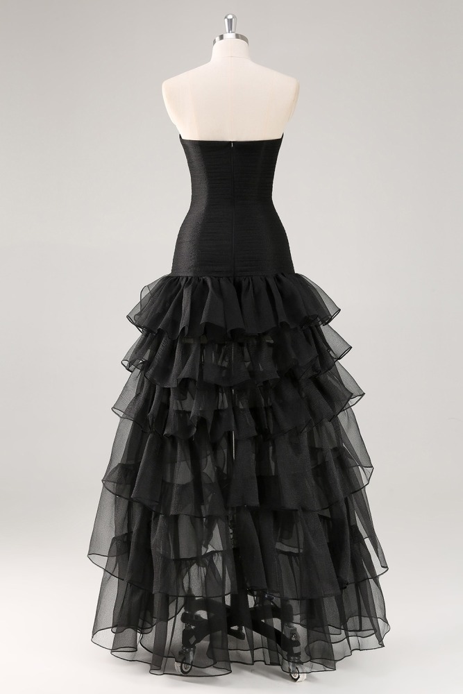 Women's Black Strapless Tulle Tiered Ruffles Formal Dress, Bridal Gown for Wedding Prom Evening Party