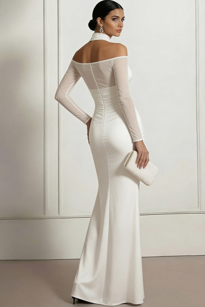 White Mermaid Cold Shoulder Ruched Chiffon Maxi Formal Evening Dress for Bridal Wedding Formal Events