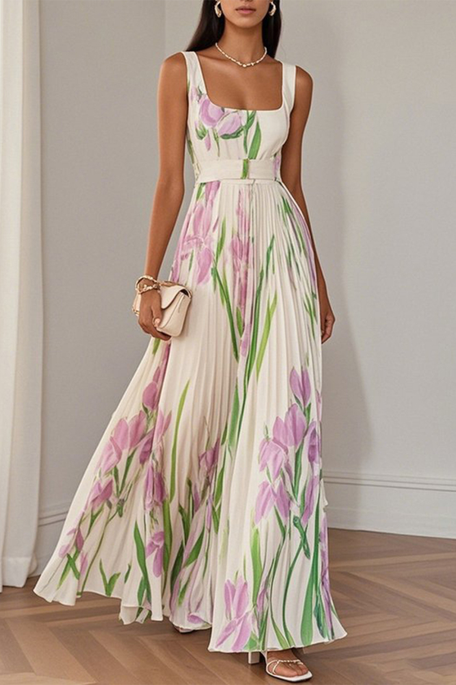 A-Line Maxi Wedding Dress, White Pleated Floral Chiffon Square Neck Sleeveless Bridal Gown for Wedding Photoshoot Bridal Shower