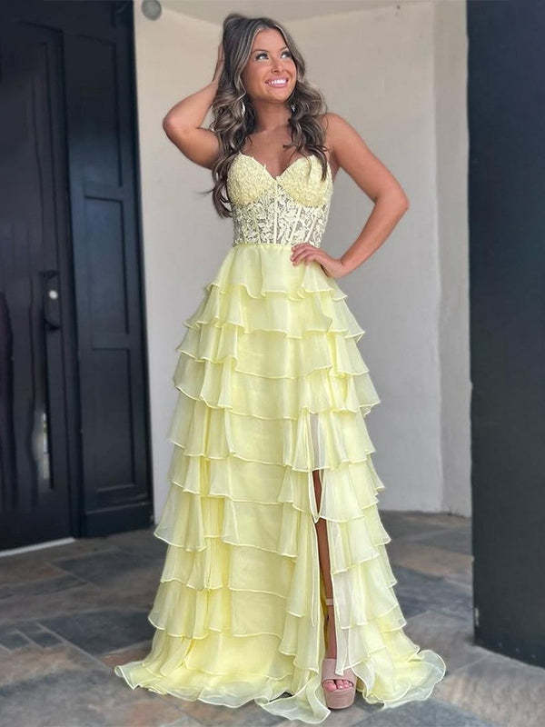 Light Blue A-Line Sweetheart Neck Long Tiered Prom Dress with Slit