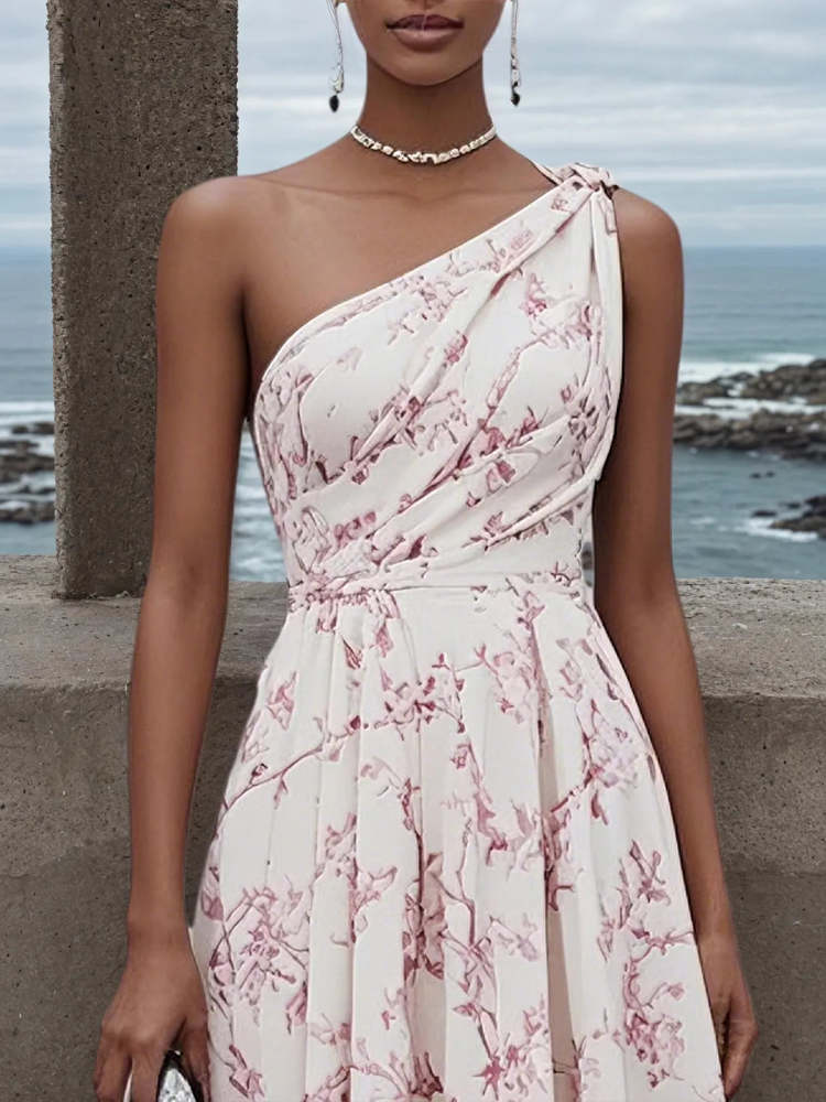 Elegant Romantic Pink Floral One Shoulder Sleeveless A-Line Midi Wedding Dress for Women