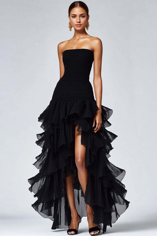 Women's Black Strapless Tulle Tiered Ruffles Formal Dress, Bridal Gown for Wedding Prom Evening Party