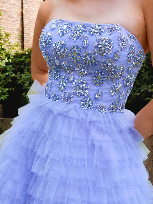 Blue A-Line Tiered Ruffled Tulle Prom Dress with Beading Rhinestones