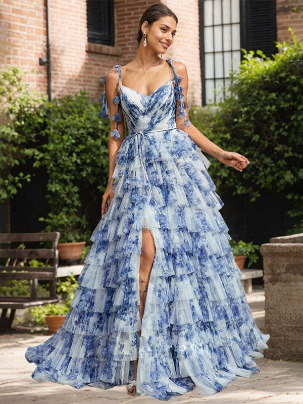 Blue Floral A Line V Neck Long Pleated Slit Prom Wedding Guest Dress